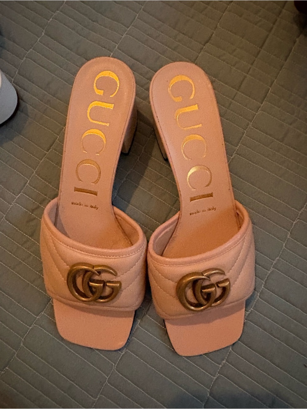 Gucci Pink Quilted Leather GG Slide Mules with Gold Hardware